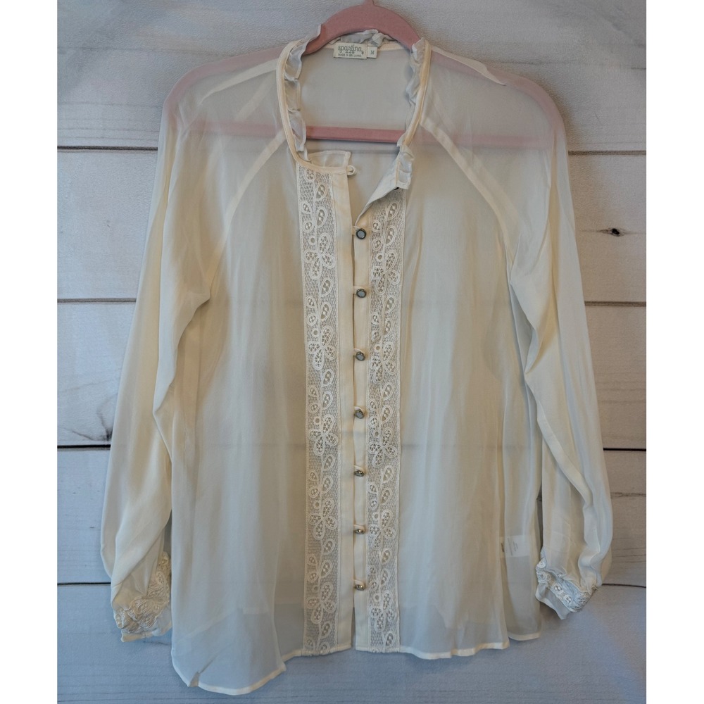 Spartina 449 Women Cream Ivory 100% Silk Lace Trim Ruffle Neck Blouse Medium